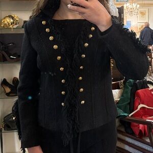 black jacket with fringe detail and gold buttons, size US 6